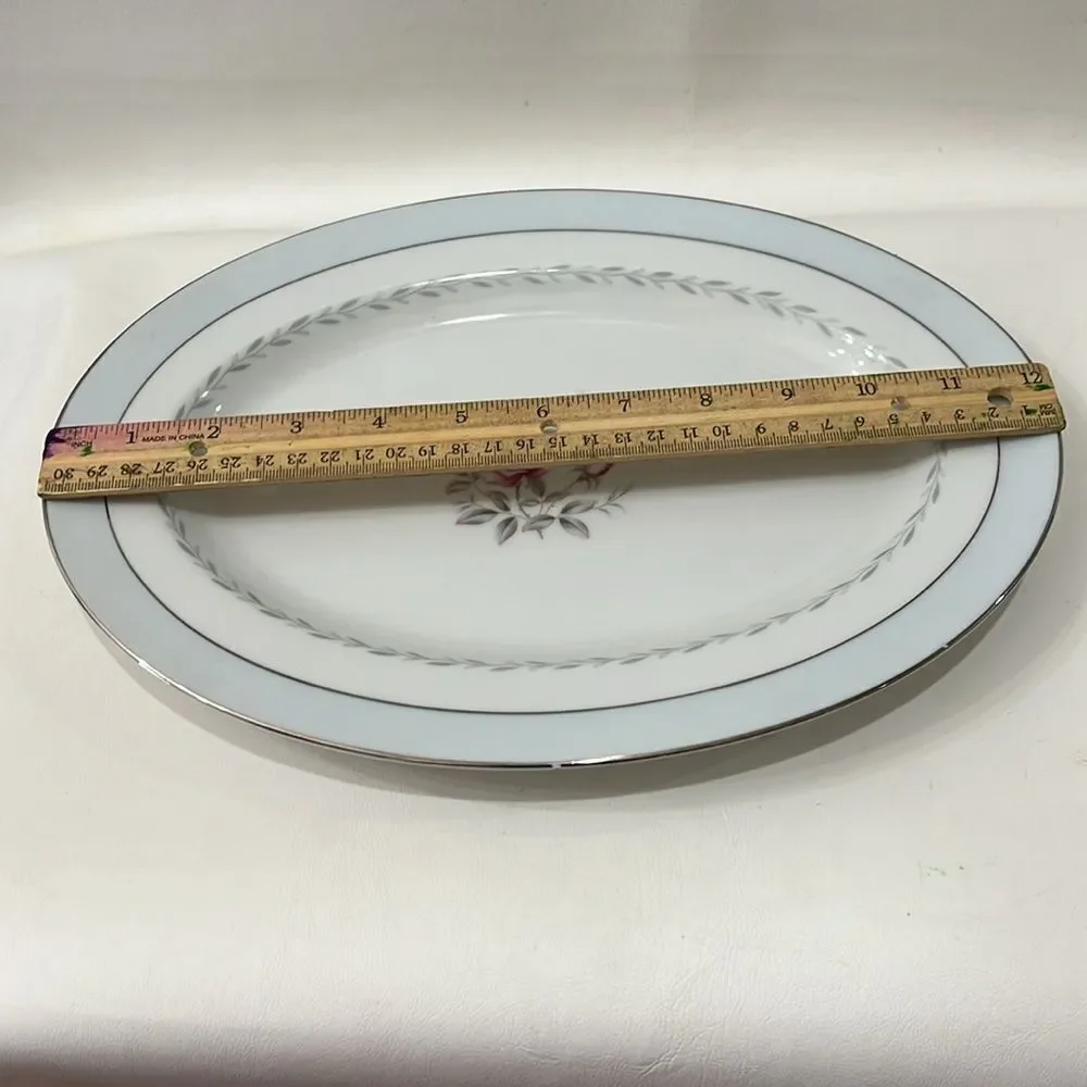 Regency Japan Oval Serving Platter Silver Trim Blue White Pink Rose Floral